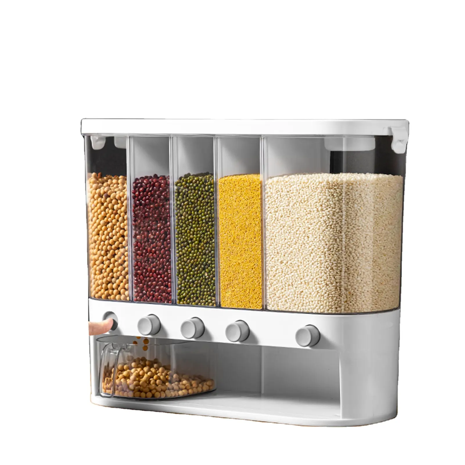 Dispenser di 5 cereali-riso Dispenser di cibo secco a parete conserva la cucina in contenitori sigillati rettangolo multifunzione in plastica