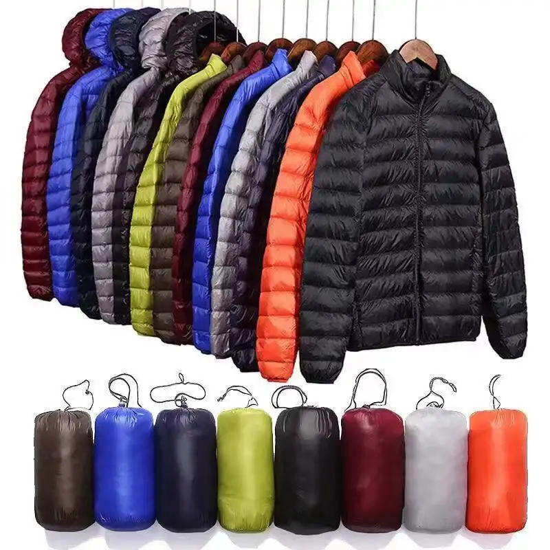 Wholesale Outdoor Light Warm Duck Custom Logo Nylon Black Hooded Winter Bubble Puff Filled Down Puffer Jackets for Men