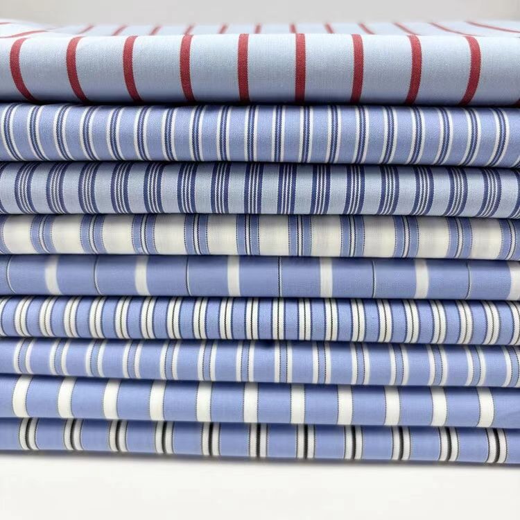 2025 New Stock Lot Light Blue Stripe Poplin Fabric Eco-Friendly Yarn-Dyed Cotton Nylon Mixed Spandex Woven for Boys' Shirt Plain