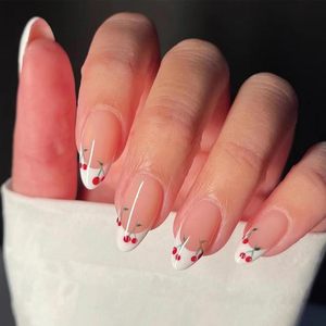 Haute Qualité 24 PCs Nude Et Blanc Forme D'amande Cerise Conception Presse Française Sur <span class=keywords><strong>Ongles</strong></span> <span class=keywords><strong>Faux</strong></span> <span class=keywords><strong>Ongles</strong></span> - Product Image 1