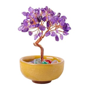 Adorno de Árbol de Cristal con Amatista en Marco de Alambre y Base de Cerámica Amarilla, Decoración para el Hogar, Regalo - Product Image 1