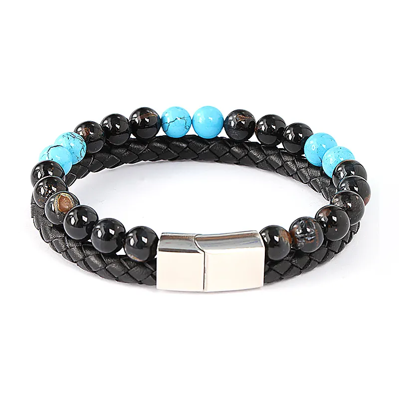 Pulseira de aço inoxidável masculina, fecho magnético de camada dupla azul olho de tigre e turquesa pedra natural bracelete para homens