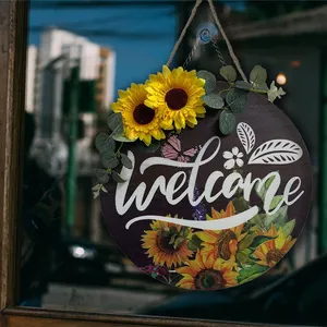 Sunflower Welcome Sign 11.8inches Rustic Sunflower Front Door Decor Round Wood Hanging Welcome Sign Farmhouse Porch