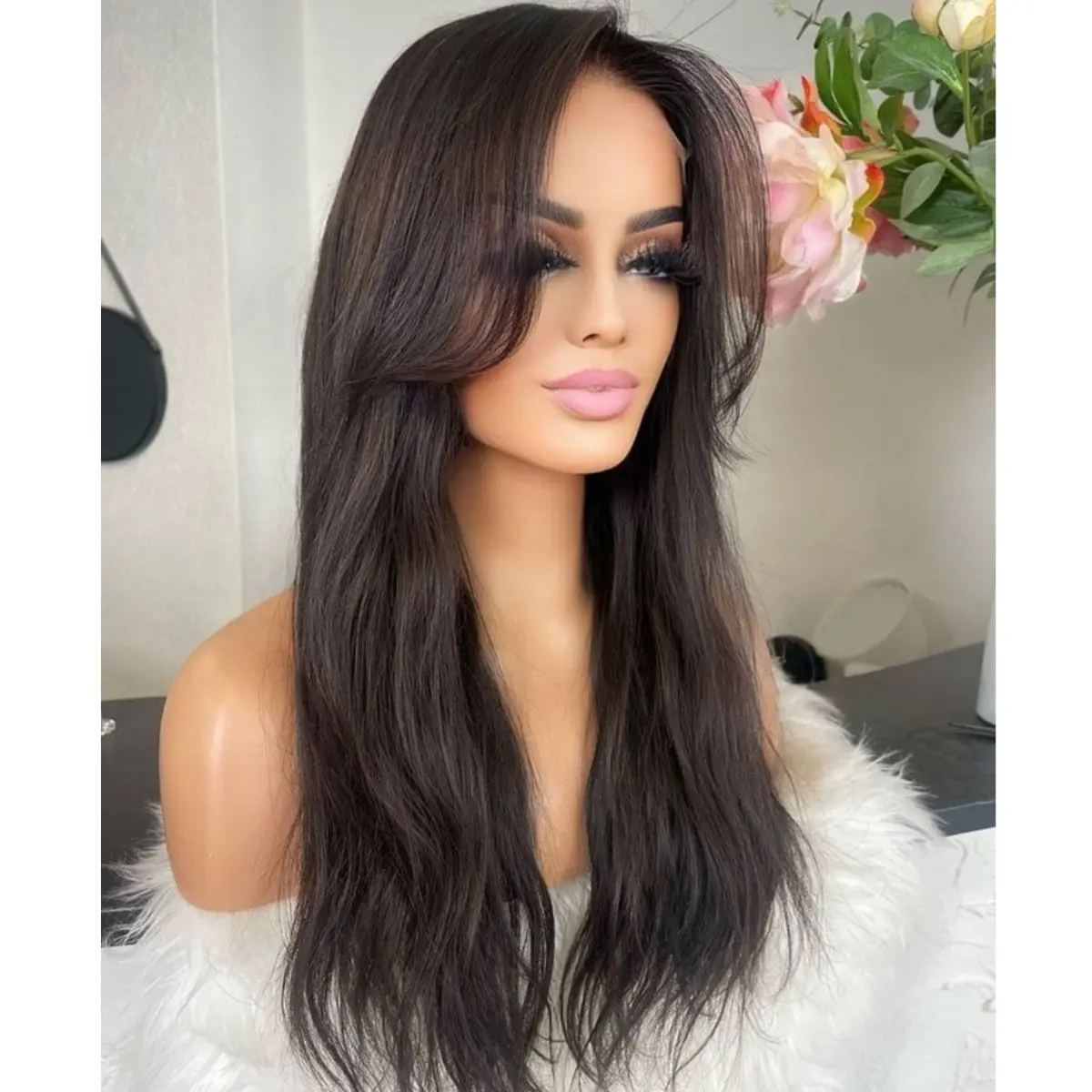 Glueless Wig Natural Brown Color Free Style Soft Remy Cuticle Aligned Human Hair Invisible HD Full Lace Wigs With Fringe