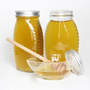 Tùy Chỉnh Dán Nhãn 12Oz 22Oz 360Ml 660Ml Ngành Công Nghiệp Sử Dụng Ong Cổ Điển Queenline Glass Honey Jar Với Vàng/Đen Bìa