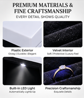 Boîte à bijoux de luxe en forme carrée avec finition laquée en plastique, doublure en velours et éclairage LED, pour boucles d'oreilles, pendentifs et bagues, prix usine en gros