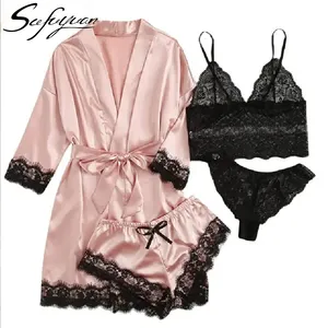 SFY1132工厂定制女性缎面蕾丝网眼睡衣居家服睡衣套装女性性感套装缎面睡衣套装