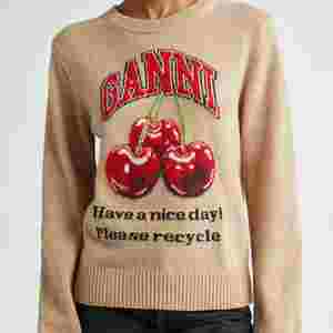 Patrón de logotipo personalizado y punto de letras moda Otoño mezcla de algodón suéter manga larga Mujer cuello redondo cereza pulóver - Product Image 1