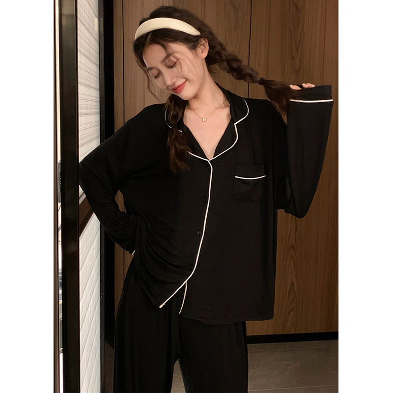 Venta al por mayor, pijamas familiares negros suaves simples, conjunto de pijama de mujer de tela tejida con cintura elástica de manga larga para primavera y otoño