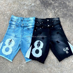 Shorts en jean vintage d'été sur mesure, de haute qualité, style streetwear ample, avec patchs déchirés, denim délavé, double taille - Product Image 1