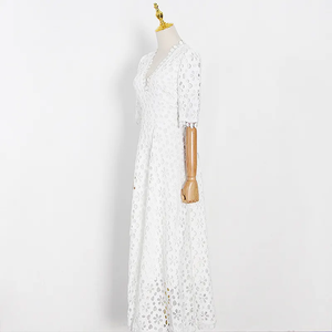 Nouvelle féminité Style français luxe col en v demi manches blanc balançoire crochet fleur femmes <span class=keywords><strong>Aline</strong></span> <span class=keywords><strong>d</strong></span>écontracté creux élégant dentelle dame robe - Product Image 3