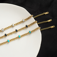 Turquoise New Design Stainless Steel Gold Cuban Chain Inlaid Oval Turquoise Bracelet For Woman Retro Fashion Design
