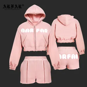 Custom Street Wear Hoodie Sets For Women Outfit Tracksuit Pullover 400gsm Fleece Cotton Foaming Puff Logo Women's Sets