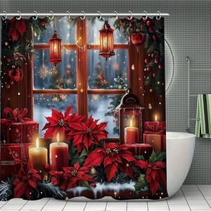 Cortina de Ducha de Poliéster con Diseño de Flor de Pascua Roja, Cortina de Baño con Impresión Digital, Impermeable, Personalizada, Moderna, Venta al por Mayor - Product Image 2