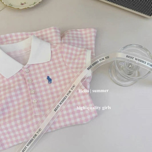 Child Star Circle Girls Pink White Checkered Polo Shirt Short Sleeve Breathable Summer Casual Outfit - Product Image 4