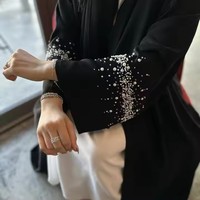 Nouvelle arrivée, abaya longue à manches longues, faite à la main, ornée de perles, cardigan ouvert, Eid, noir, polyester respirant, robe islamique modeste, robe musulmane, Dubaï