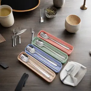 Set peralatan makan perjalanan portabel dengan sumpit sendok garpu kertas baja tahan karat untuk penggunaan sekolah termasuk kotak jerami gandum tahan lama