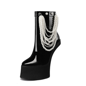 Special Custom Styles Women Patent Platform Ankle <b>Boots</b> No Heels Stage Show Pearls Short Booties Pointed Toe Fashion Shoes - Product Image 3