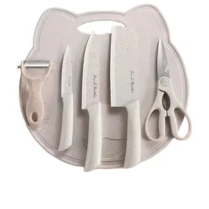 Kitchen stainless steel knife gift set wheat straw knife tool set includes knife/cutting board/scissors