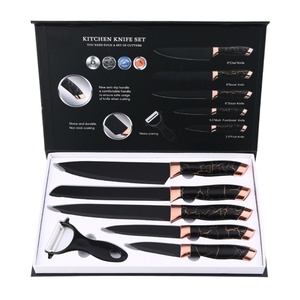 Ensemble de couteaux de cuisine en acier inoxydable à motif marbré, double électroplaqué or rose, vente chaude - Product Image 1