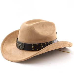 Sombrero de vaquero de gamuza ZhenXi con copa cónica, color sólido, estilo occidental para hombres y mujeres, sombrero de fieltro con banda de cuero y tachuelas. - Product Image 1