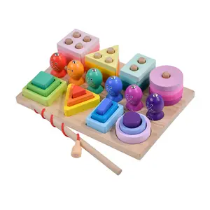 Wooden Three In One Three-dimensional Magnetic Fishing Set Column Building Block Shape Cognitive Matching Early Education Toys