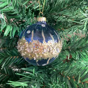 יצרן wholesales כחול מבריק עץ חג המולד קישוט חג המולד כדור זכוכית