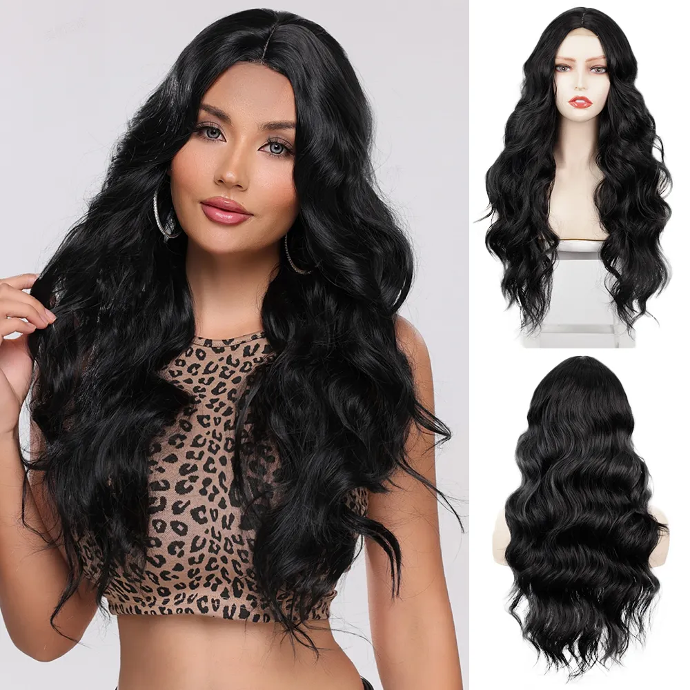 26 inch wholesale premium synthetic curly wigs for black women body wave wig black color heat resistant synthetic lace wigs