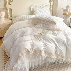 Juego de Ropa de Cama de 4 Piezas con Volantes Delicados y Bordado de Encaje Estilo Francés, Color Blanco Puro, para Primavera y Verano 2026 - Product Image 6