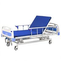 Lit d'hôpital pliant à 2 sections avec barre latérale, manivelle manuelle, plateau ventilé à motif bois et accents bleus, idéal pour les maisons de retraite