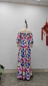 Robe longue d'été pour femmes, décontractée, manches courtes, épaules froncées, design évasé, imprimé floral numérique, lavable, motif floral - Product Image 6