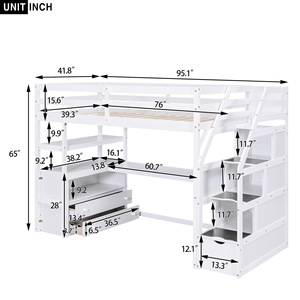 White Wooden Loft Bed With <b>Desk</b> Drawers Storage <b>Shelves</b> Multi Functional For Children Adults Elderly - Product Image 3