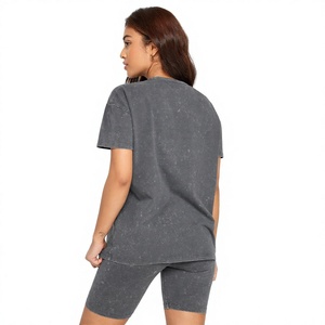 T-shirt décontracté à manches courtes en jersey tricoté 100 % coton, couleur unie, col rond, coupe oversize, délavé à l'acide, écologique, 220g pour femme - Product Image 2