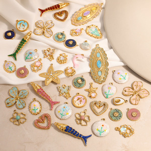 Breloques en acier inoxydable sur le thème de l'océan, pendentifs étoile de mer, poisson, fleur avec serti clos, accessoires de bijoux DIY, design rétro unisexe - Product Image 1