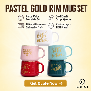 Set di Tazze da Caffè in Porcellana Pastello con Bordo Dorato, Citazioni in Lamina d'Oro, Cinque Colori: Bianco, Turchese, Rosa, Acqua, Rosso, 350ml, Adatte al Microonde, per Feste - Product Image 2