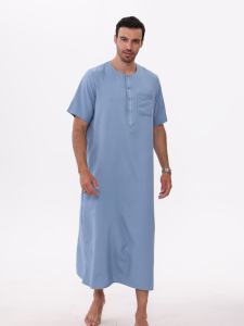 <b>Men's</b> Light Blue Cotton <b>Thobe</b> Short Sleeve Ankle Length Round Neck Casual Daily Wear Middle Eastern Style Solid Color Breathable - Product Image 1