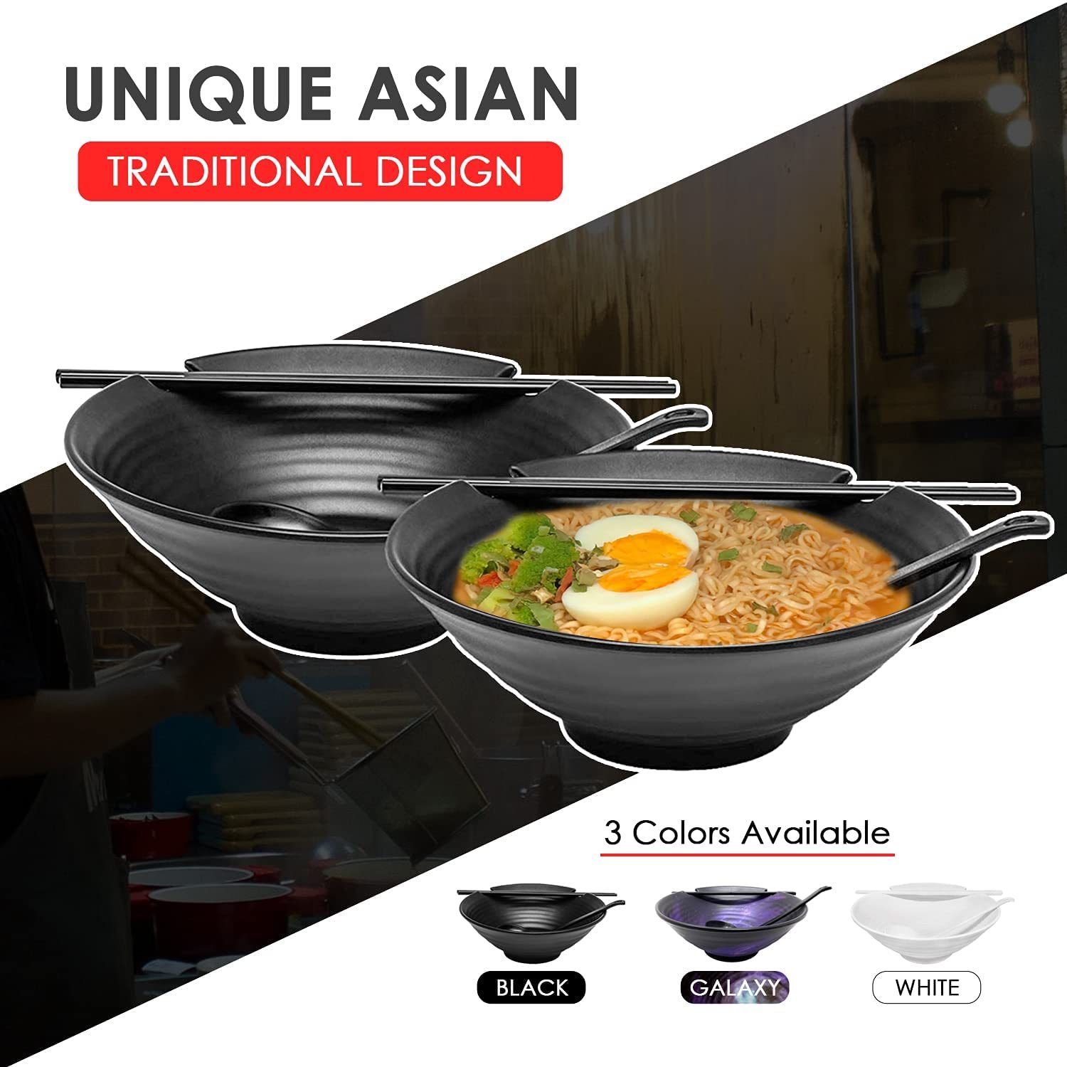 Set of 2 Melamine Bowl with 2 Chopsticks set, Saucers set and Spoon Set, Japanese Style Noodles Bowl
