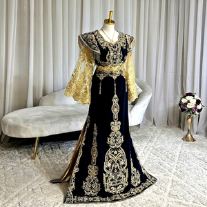 Robe caftan en crêpe noir avec broderie dorée, longueur ras du sol, robe de mariage traditionnelle Fergani pour femmes @2026 - Product Image 1