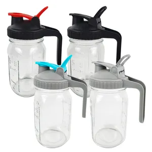 W021 32 64 oz Wide Mouth Glass Bottle with Handle Flip Cap Drinking Leak-proof Seal Airtight Pour Spout Lid Mason Jar