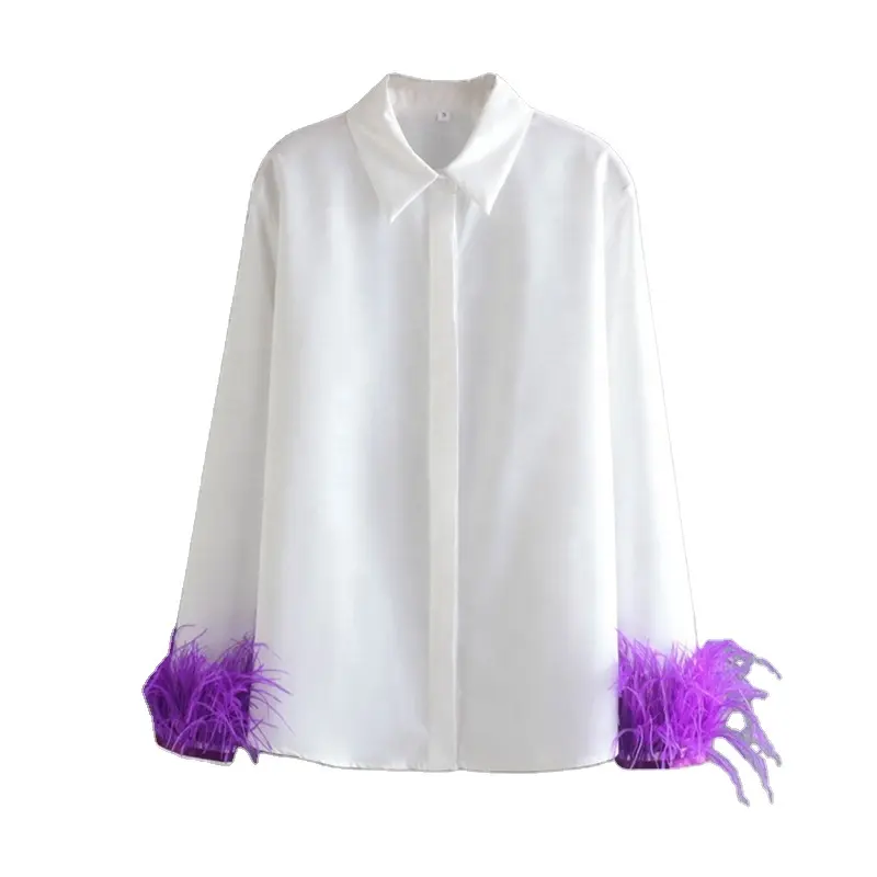 Women 2022 purple feather poplin Blouses Vintage Long Sleeve Shirts Blusas Chic Tops
