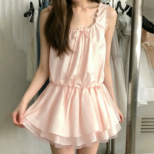 Lolita Style Woven Eco-Friendly Natural Waist Women's Dress U Neck <b>Tie</b> Front Loose Ruched Mini Vacation Dress - Product Image 1