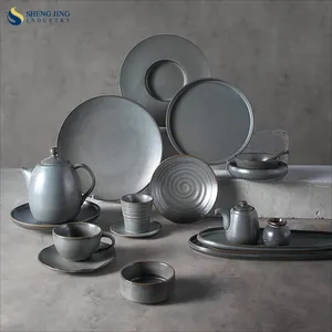 2022 Nieuwste Rustieke Grey Stone Kleur Glazuur Oven Matte Keramische Porselein Servies Eetkamer Steengoed Set