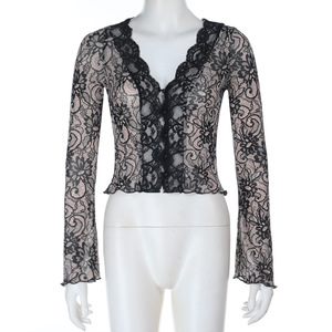 Sexy profondo scollo a v <span class=keywords><strong>in</strong></span> <span class=keywords><strong>pizzo</strong></span> <span class=keywords><strong>nero</strong></span> a manica lunga da donna Crop top eleganti da donna alla moda da ufficio indossano <span class=keywords><strong>camicetta</strong></span> e top Slim Fit - Product Image 5
