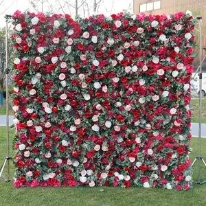 Bunga antik 3D Roll Up sutra buatan bunga mawar dinding Panel latar belakang merah muda ungu bunga dinding untuk pernikahan rumah Salon dekorasi