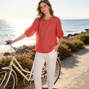 Blusa bohemia bordada para mujer, manga tres cuartos, cuello Peter Pan, corte holgado, top de algodón, ropa informal de primavera y verano - Product Image 3