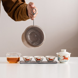 ชุดน้ำชาพกพาสำหรับเดินทาง ลายม้า ปีนักษัตร เหมาะสำหรับใช้ในรถยนต์ ชามมีฝาปิด ถ้วยชาเซรามิก ถ้วยสำหรับแขก ชุดกาน้ำชาหนึ่งใบ ถ้วยสามใบ - Product Image 1