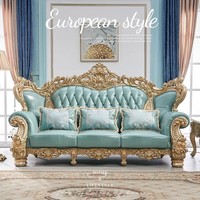 Ensemble de canapés en cuir véritable de style européen, sculpté des deux côtés, rembourrage en éponge haute densité, couche supérieure en cuir de vache, luxe léger, villa