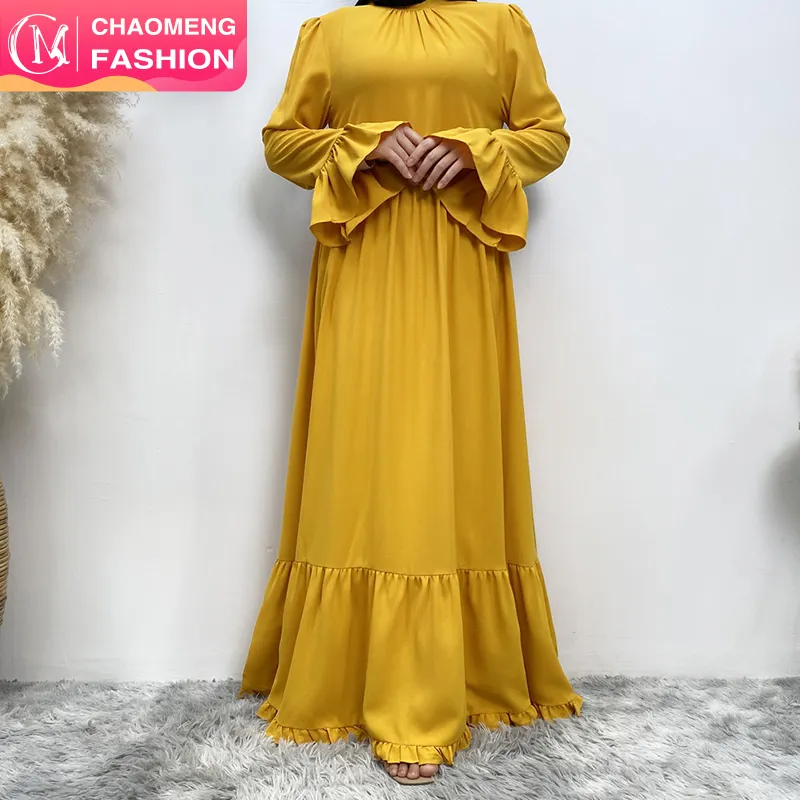 6342 # البوق الأكمام أزياء صفراء اللون مطوي اللباس مسلم الإسلامية عارضة اليومية فستان طويل