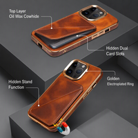 Casing Ponsel Kulit Sapi Asli Berlapis Lilin Mewah untuk iPhone 16 15 14 13 12 Pro Max dengan Slot Kartu Ganda Tersembunyi dan Penyangga