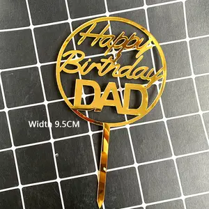 Atacado personalizado feliz aniversário mãe pai acrílico bolo inserir decoração vertical ouro aniversário bolo topper